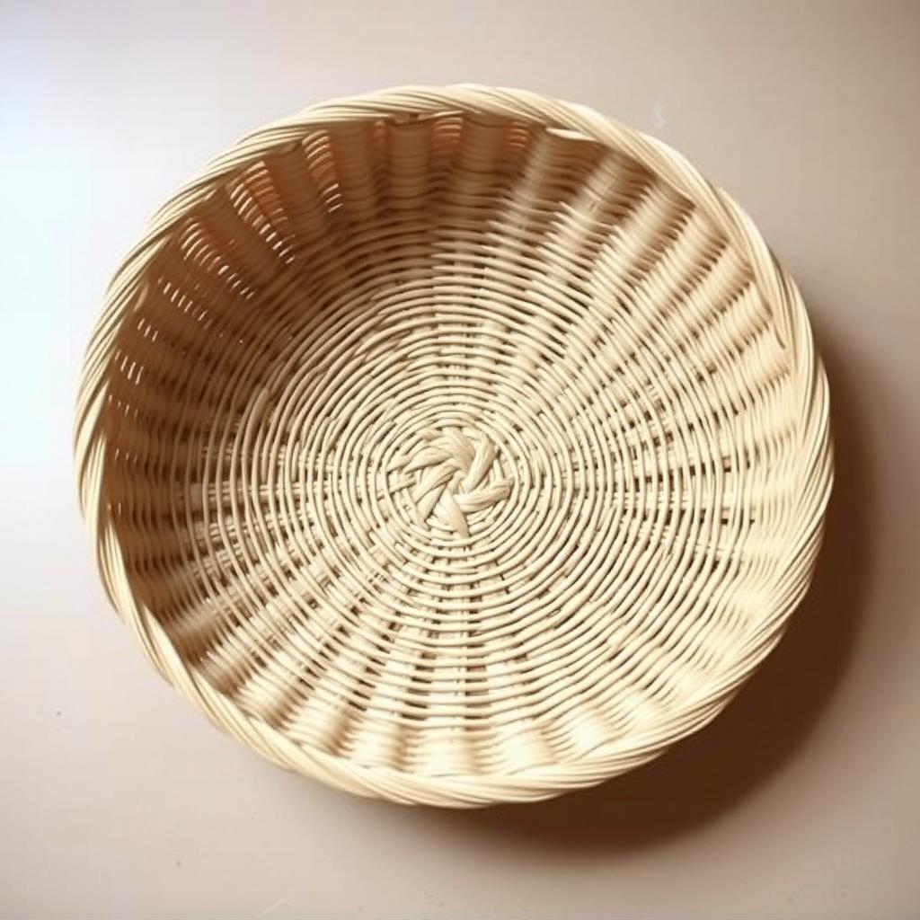 A low basket without a handle, made from natural materials like woven straw or reeds