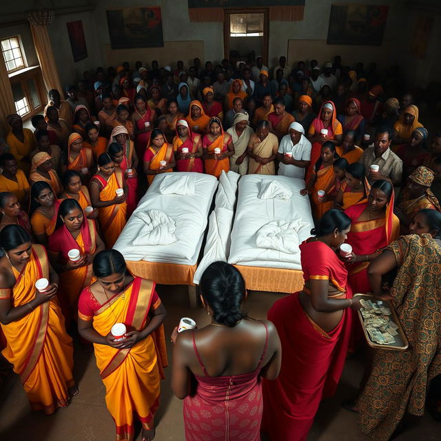 Ten sad dusky young Indian women in vibrant sarees, each holding a jar of Vaseline, gathered around three beds placed in the center of a large hall