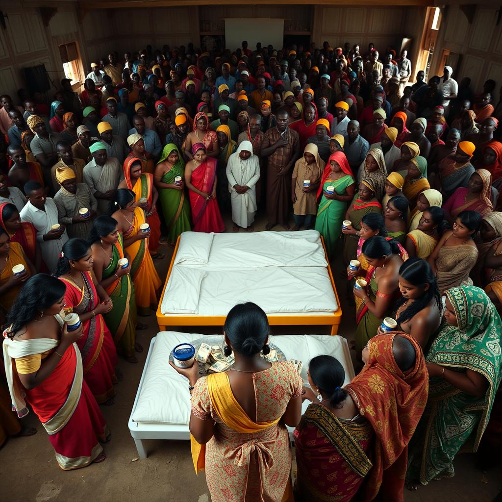 Ten sad dusky young Indian women in vibrant sarees, each holding a jar of Vaseline, gathered around three beds placed in the center of a large hall