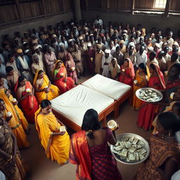 Ten sad dusky young Indian women in vibrant sarees, each holding a jar of Vaseline, gathered around three beds placed in the center of a large hall