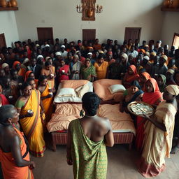 Ten sad dusky young Indian women in vibrant sarees, each holding a jar of Vaseline, gathered around three beds placed in the center of a large hall