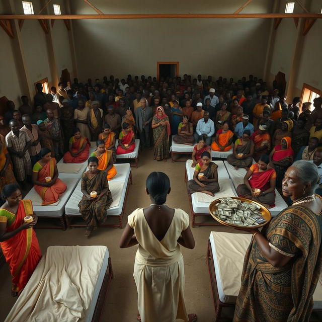 Ten sad dusky young Indian women in vibrant sarees, each holding a jar of Vaseline, gathered around ten beds spread across a large hall