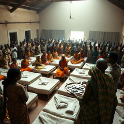 Ten sad dusky young Indian women in vibrant sarees, each holding a jar of Vaseline, gathered around ten beds spread across a large hall