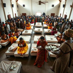 Ten sad dusky young Indian women in vibrant sarees, each holding a jar of Vaseline, gathered around ten beds spread across a large hall