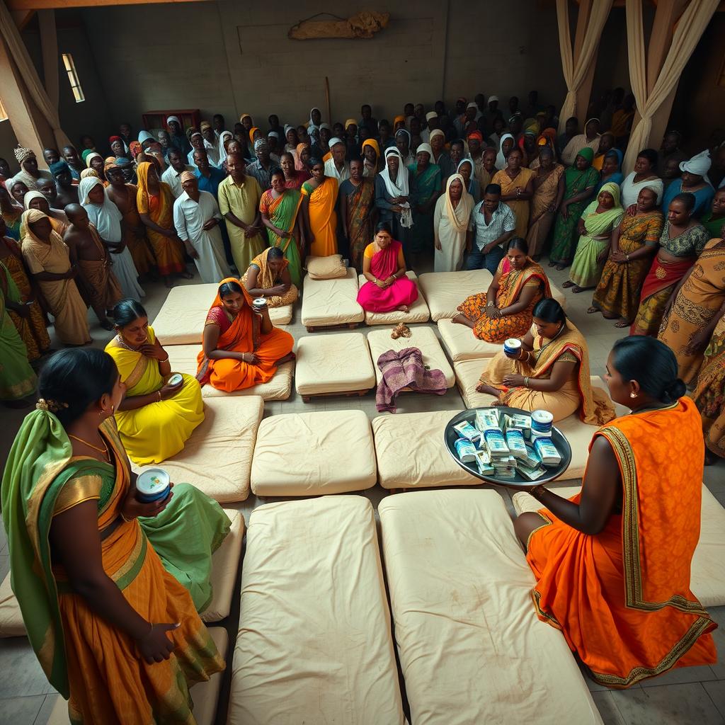 Ten sad dusky young Indian women in vibrant sarees, each holding a jar of Vaseline, gathered around ten beds spread across a large hall