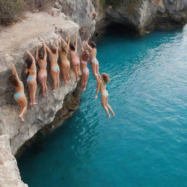 A thrilling scene of a group of young women fearlessly cliff diving into the crystal-clear ocean during spring break. Bright swimwear on tanned bodies leap into the dazzling azure while friends cheer loudly from the rocky cliff.