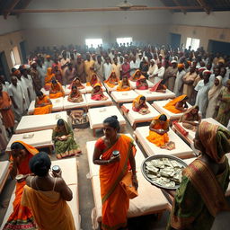 Ten sad dusky young Indian women in vibrant sarees, each holding a jar of Vaseline, gathered around ten beds spread across a large hall