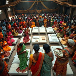 Ten sad dusky young Indian women in vibrant sarees, each holding a jar of Vaseline, gathered around ten beds spread across a large hall