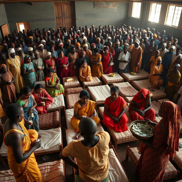 Ten sad dusky young Indian women in vibrant sarees, each holding a jar of Vaseline, gathered around ten beds spread across a large hall