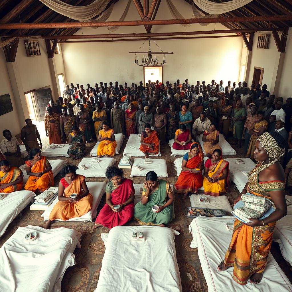 Ten sad dusky young Indian women in vibrant sarees, each holding a jar of Vaseline, gathered around ten beds spread across a large hall