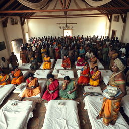 Ten sad dusky young Indian women in vibrant sarees, each holding a jar of Vaseline, gathered around ten beds spread across a large hall