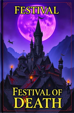 A dark fantasy book cover titled 'Festival of Death', featuring a medieval village on top of a mountain, covered in blood