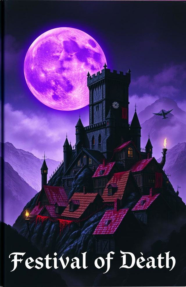 A dark fantasy book cover titled 'Festival of Death', featuring a medieval village on top of a mountain, covered in blood