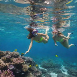 An enticing underwater view of a group of young women snorkeling during spring break, exploring a vibrant ocean life. Clad in colorful snorkeling gear, they marvel at a coral reef teeming with vibrant fish and aquatic life.