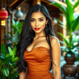 A beautiful Indonesian woman with long flowing black hair, wearing a stylish and elegant outfit that highlights her figure