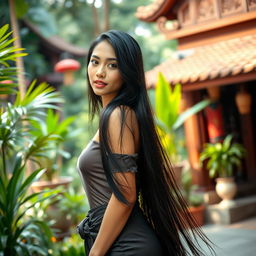 A beautiful Indonesian woman with long flowing black hair, wearing a stylish and elegant outfit that highlights her figure