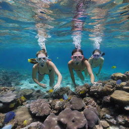 An enticing underwater view of a group of young women snorkeling during spring break, exploring a vibrant ocean life. Clad in colorful snorkeling gear, they marvel at a coral reef teeming with vibrant fish and aquatic life.