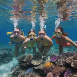 An enticing underwater view of a group of young women snorkeling during spring break, exploring a vibrant ocean life. Clad in colorful snorkeling gear, they marvel at a coral reef teeming with vibrant fish and aquatic life.