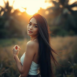 A beautiful Indonesian woman with long flowing black hair, confidently posing in a serene natural setting, exuding a sense of freedom and beauty