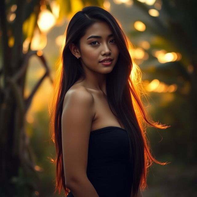 A beautiful Indonesian woman with long flowing black hair, confidently posing in a serene natural setting, exuding a sense of freedom and beauty