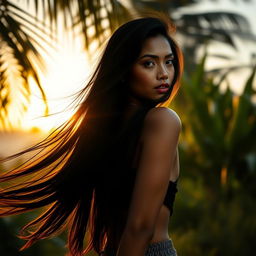 A beautiful Indonesian woman with long flowing black hair, confidently posing in a serene natural setting, exuding a sense of freedom and beauty