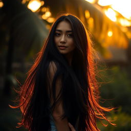 A beautiful Indonesian woman with long flowing black hair, confidently posing in a serene natural setting, exuding a sense of freedom and beauty