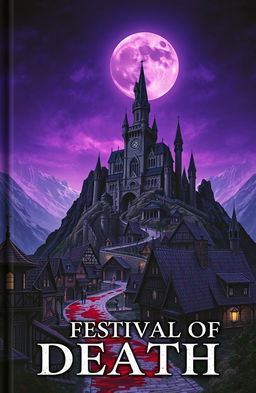 A captivating book cover for 'Festival of Death', featuring a medieval village steeped in an eerie atmosphere, drenched in blood on the ground