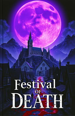 A captivating book cover for 'Festival of Death', featuring a medieval village steeped in an eerie atmosphere, drenched in blood on the ground