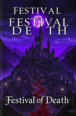 A captivating book cover for 'Festival of Death', featuring a medieval village steeped in an eerie atmosphere, drenched in blood on the ground