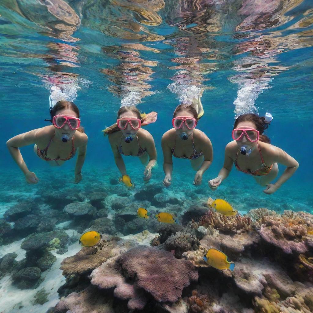 An enticing underwater view of a group of young women snorkeling during spring break, exploring a vibrant ocean life. Clad in colorful snorkeling gear, they marvel at a coral reef teeming with vibrant fish and aquatic life.