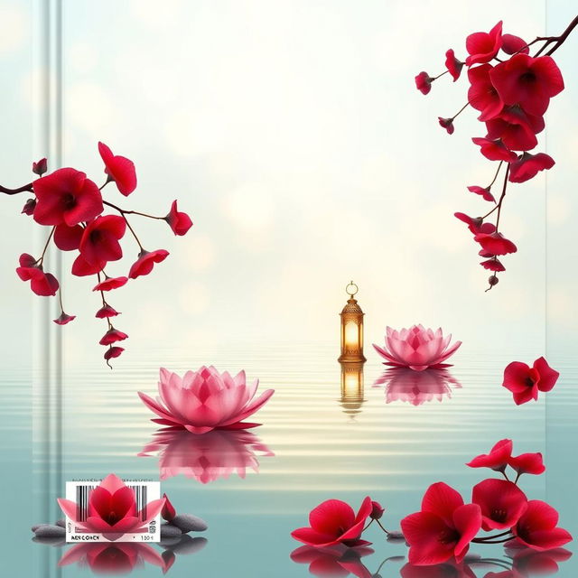 A beautiful book cover back design featuring delicate pink lotuses and elegant lamps floating gently in calm water