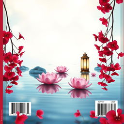A beautiful book cover back design featuring delicate pink lotuses and elegant lamps floating gently in calm water