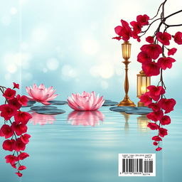 A beautiful book cover back design featuring delicate pink lotuses and elegant lamps floating gently in calm water