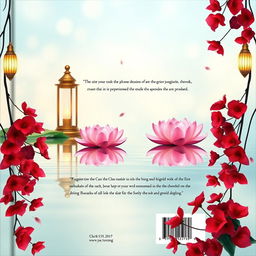 A beautiful book cover back design featuring delicate pink lotuses and elegant lamps floating gently in calm water