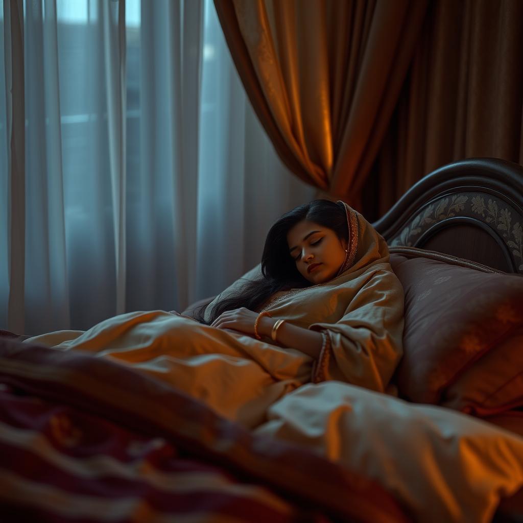 A serene scene depicting a woman in traditional attire peacefully sleeping on a comfortable bed