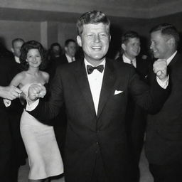 John F. Kennedy, the 35th President of the United States, dancing joyfully in a formal suit at a vibrant party.