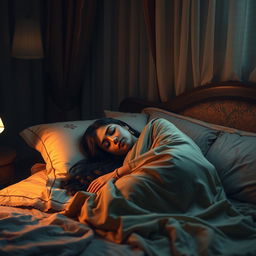 A serene scene depicting a woman in traditional attire peacefully sleeping on a comfortable bed
