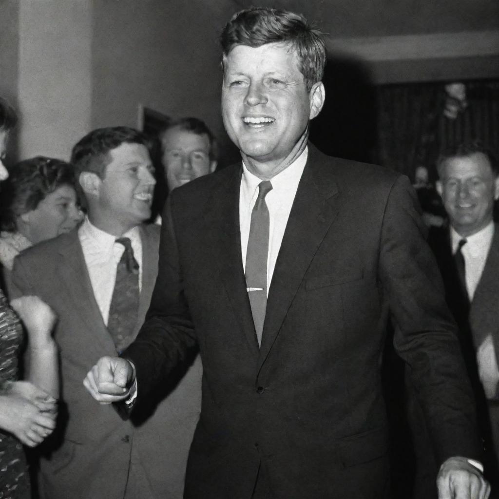 John F. Kennedy, the 35th President of the United States, dancing joyfully in a formal suit at a vibrant party.