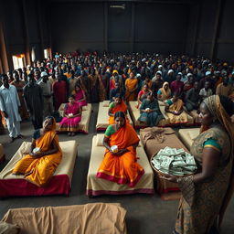 Ten sad dusky young Indian women in vibrant sarees, each holding a jar of Vaseline, sitting on ten beds arranged within a spacious large hall