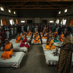 Ten sad dusky young Indian women in vibrant sarees, each holding a jar of Vaseline, sitting on ten beds arranged within a spacious large hall