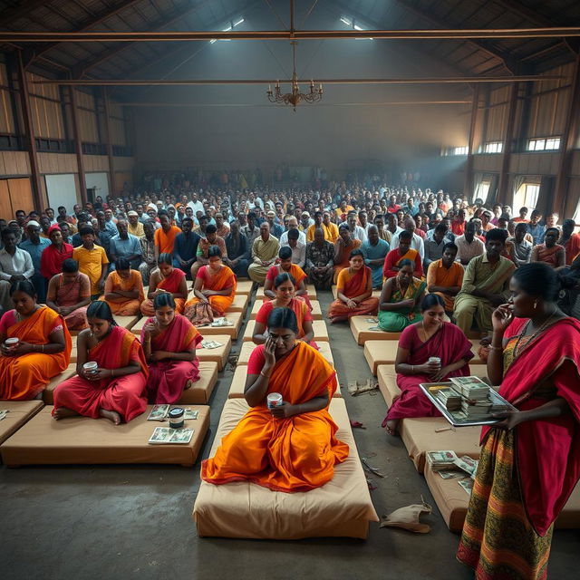 Ten sad dusky young Indian women in vibrant sarees, each holding a jar of Vaseline, sitting on ten beds arranged within a spacious large hall