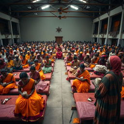 Ten sad dusky young Indian women in vibrant sarees, each holding a jar of Vaseline, sitting on ten beds arranged within a spacious large hall