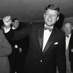 John F. Kennedy, the 35th President of the United States, dancing joyfully in a formal suit at a vibrant party.