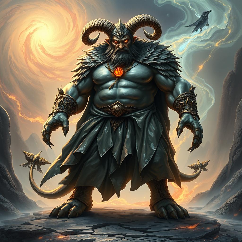 An imposing Dungeons & Dragons monk, presented as a huge horned beast with an aura of mysticism