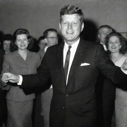 John F. Kennedy, the 35th President of the United States, dancing joyfully in a formal suit at a vibrant party.