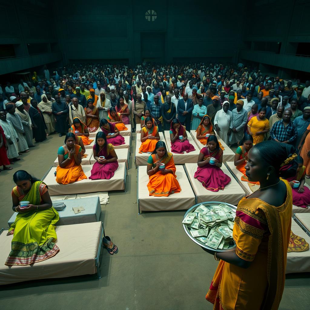 Ten sad dusky young Indian women in vibrant sarees, each holding a jar of Vaseline, positioned on ten beds throughout a spacious large hall