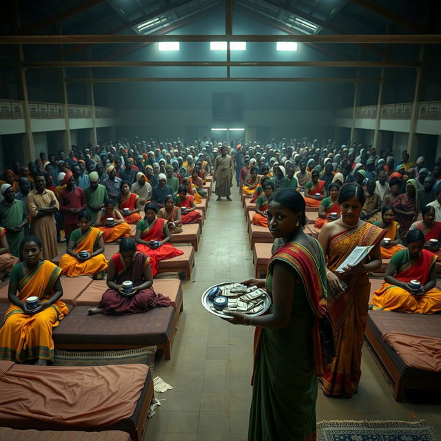 Ten sad dusky young Indian women in vibrant sarees, each holding a jar of Vaseline, positioned on ten beds throughout a spacious large hall