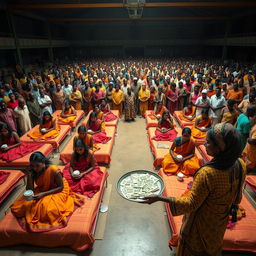 Ten sad dusky young Indian women in vibrant sarees, each holding a jar of Vaseline, positioned on ten beds throughout a spacious large hall