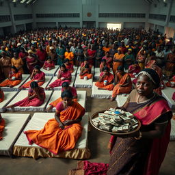 Ten sad dusky young Indian women in vibrant sarees, each holding a jar of Vaseline, positioned on ten beds throughout a spacious large hall