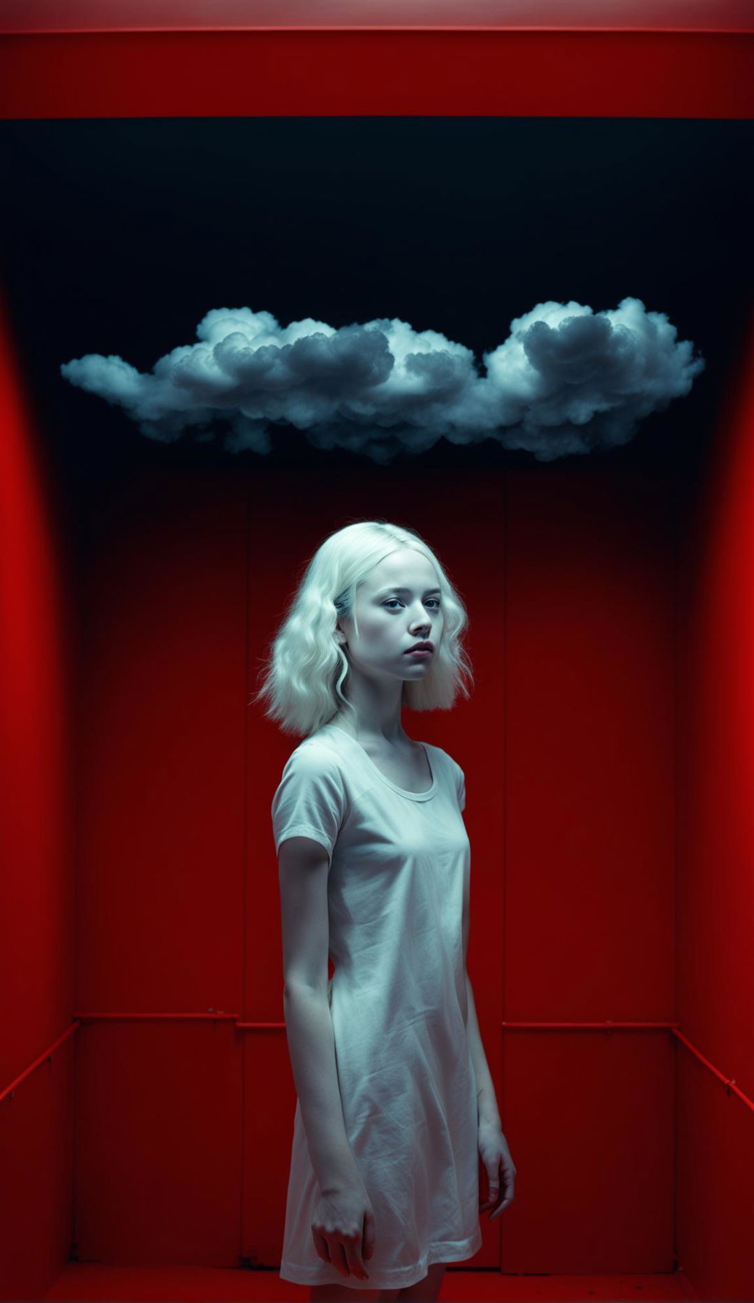 Thin albino teenage girl in white shift dress in a windowless minimalist red room with dark clouds on the ceiling. Raw, unedited 16k photograph capturing side view of symmetrical facial features under low light.